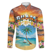 Guam Family Matching Off The Shoulder Long Sleeve Dress and Hawaiian Shirt Eternal Summer Sunset Beach LT05 Dad's Shirt - Long Sleeve Colorful - Polynesian Pride