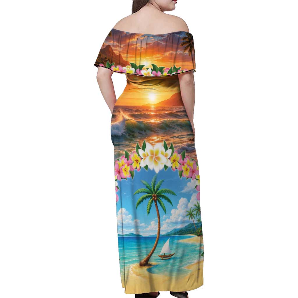 Guam Family Matching Off Shoulder Maxi Dress and Hawaiian Shirt Eternal Summer Sunset Beach LT05 - Polynesian Pride