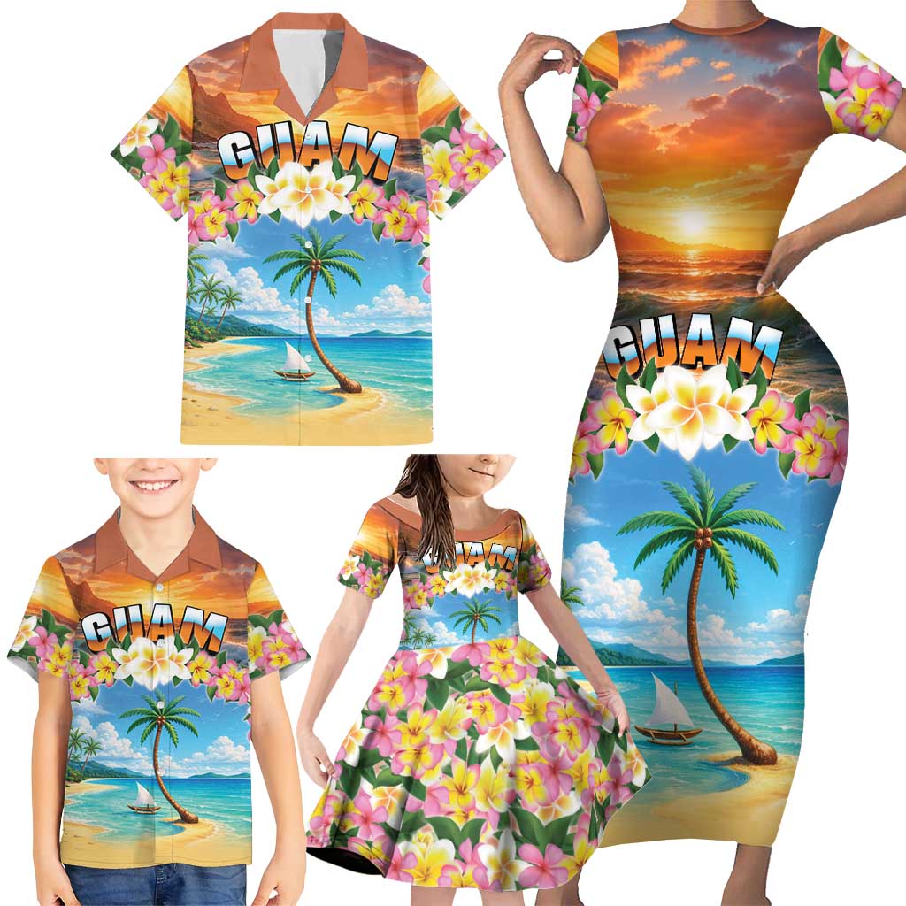 Guam Family Matching Short Sleeve Bodycon Dress and Hawaiian Shirt Eternal Summer Sunset Beach