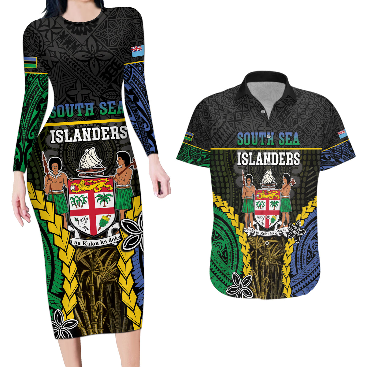 Personalised South Sea Islanders And Fiji Couples Matching Long Sleeve Bodycon Dress and Hawaiian Shirt Kanakas Fijian Tapa Pattern LT05 Black - Polynesian Pride