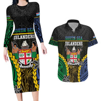 Personalised South Sea Islanders And Fiji Couples Matching Long Sleeve Bodycon Dress and Hawaiian Shirt Kanakas Fijian Tapa Pattern LT05 Black - Polynesian Pride