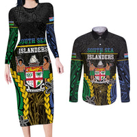 Personalised South Sea Islanders And Fiji Couples Matching Long Sleeve Bodycon Dress and Long Sleeve Button Shirt Kanakas Fijian Tapa Pattern LT05 Black - Polynesian Pride