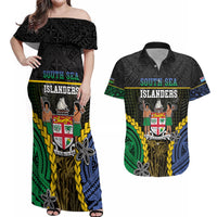 Personalised South Sea Islanders And Fiji Couples Matching Off Shoulder Maxi Dress and Hawaiian Shirt Kanakas Fijian Tapa Pattern LT05 Black - Polynesian Pride