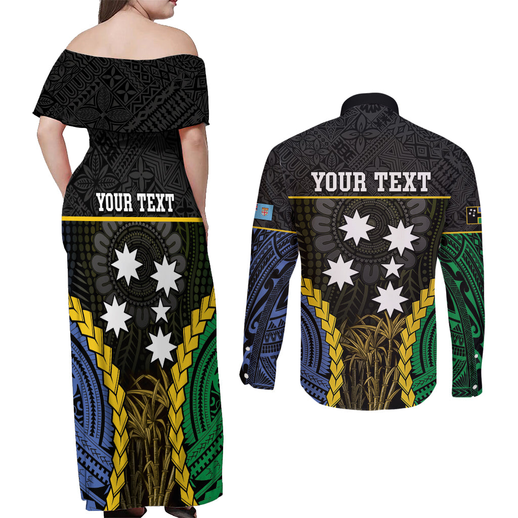 Personalised South Sea Islanders And Fiji Couples Matching Off Shoulder Maxi Dress and Long Sleeve Button Shirt Kanakas Fijian Tapa Pattern LT05 - Polynesian Pride