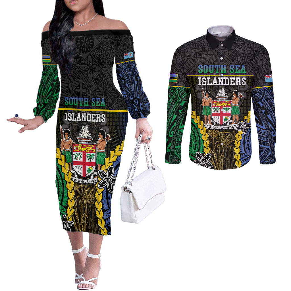 Personalised South Sea Islanders And Fiji Couples Matching Off The Shoulder Long Sleeve Dress and Long Sleeve Button Shirt Kanakas Fijian Tapa Pattern LT05 Black - Polynesian Pride