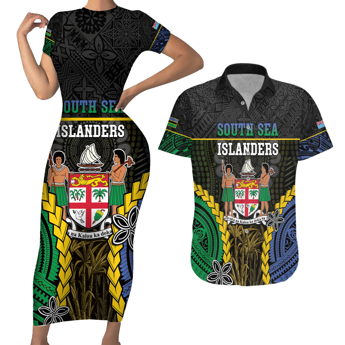Personalised South Sea Islanders And Fiji Couples Matching Short Sleeve Bodycon Dress and Hawaiian Shirt Kanakas Fijian Tapa Pattern LT05 Black - Polynesian Pride