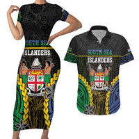 Personalised South Sea Islanders And Fiji Couples Matching Short Sleeve Bodycon Dress and Hawaiian Shirt Kanakas Fijian Tapa Pattern LT05 Black - Polynesian Pride