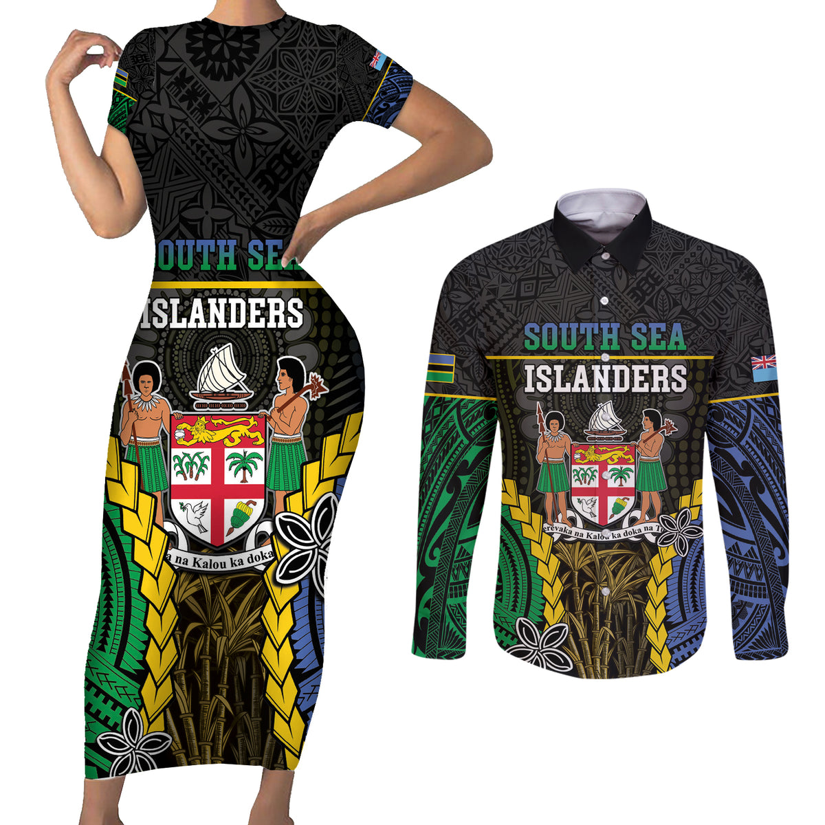 Personalised South Sea Islanders And Fiji Couples Matching Short Sleeve Bodycon Dress and Long Sleeve Button Shirt Kanakas Fijian Tapa Pattern LT05 Black - Polynesian Pride