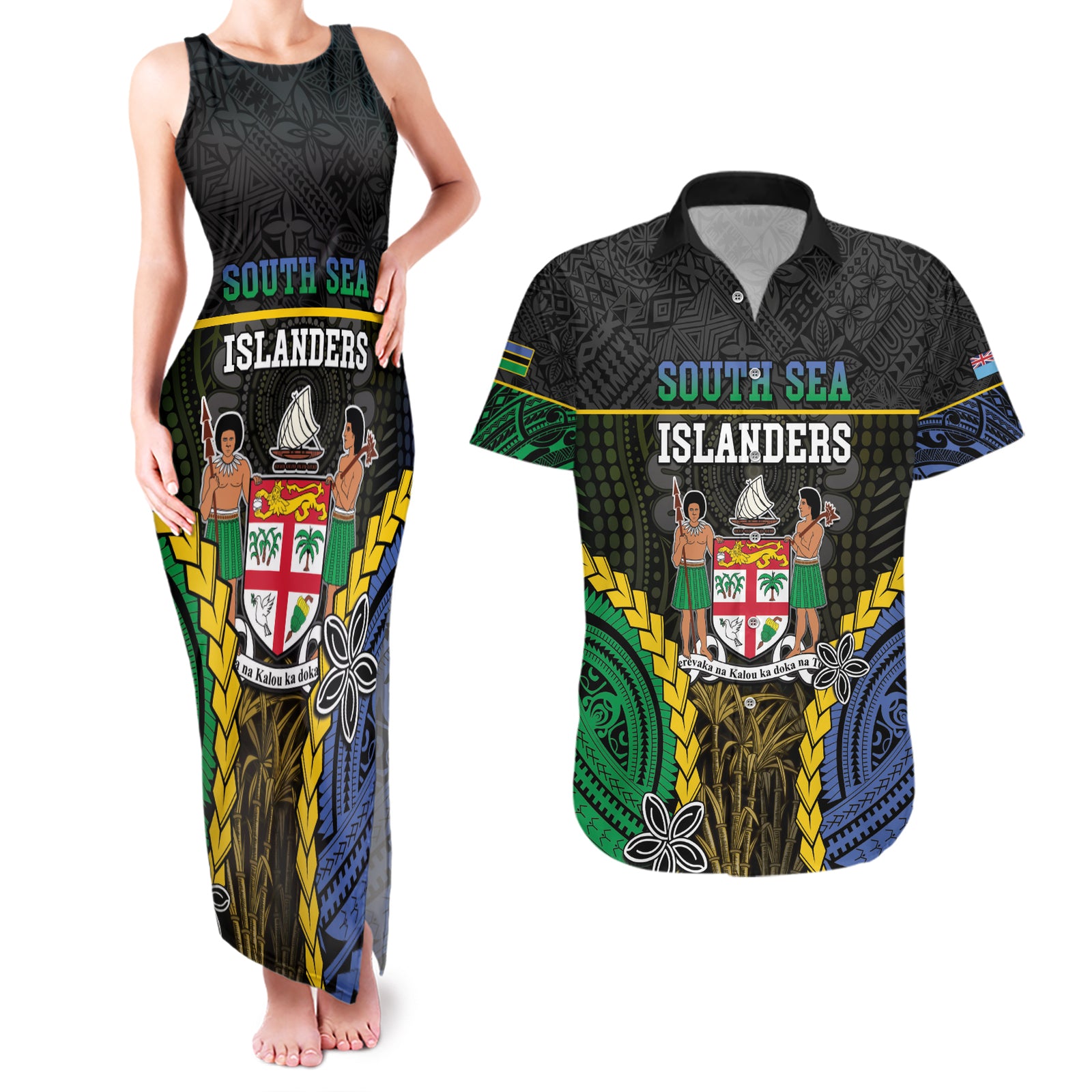 Personalised South Sea Islanders And Fiji Couples Matching Tank Maxi Dress and Hawaiian Shirt Kanakas Fijian Tapa Pattern