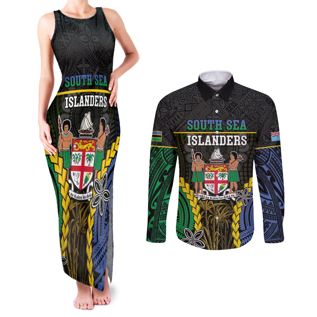 Personalised South Sea Islanders And Fiji Couples Matching Tank Maxi Dress and Long Sleeve Button Shirt Kanakas Fijian Tapa Pattern LT05 Black - Polynesian Pride