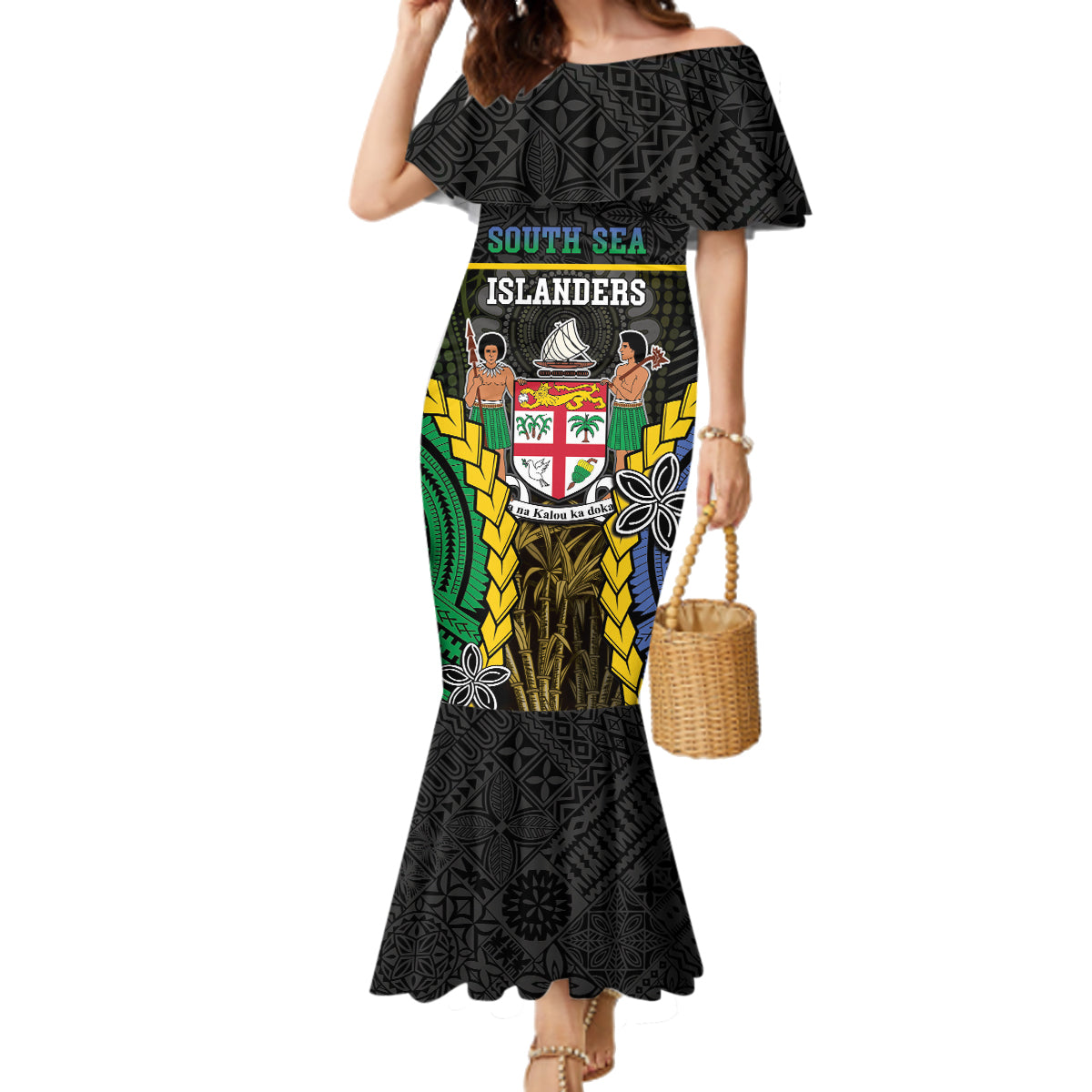 Personalised South Sea Islanders And Fiji Family Matching Mermaid Dress and Hawaiian Shirt Kanakas Fijian Tapa Pattern LT05 Mom's Dress Black - Polynesian Pride