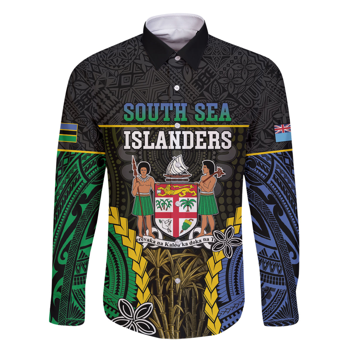 Personalised South Sea Islanders And Fiji Family Matching Off The Shoulder Long Sleeve Dress and Hawaiian Shirt Kanakas Fijian Tapa Pattern LT05 Dad's Shirt - Long Sleeve Black - Polynesian Pride