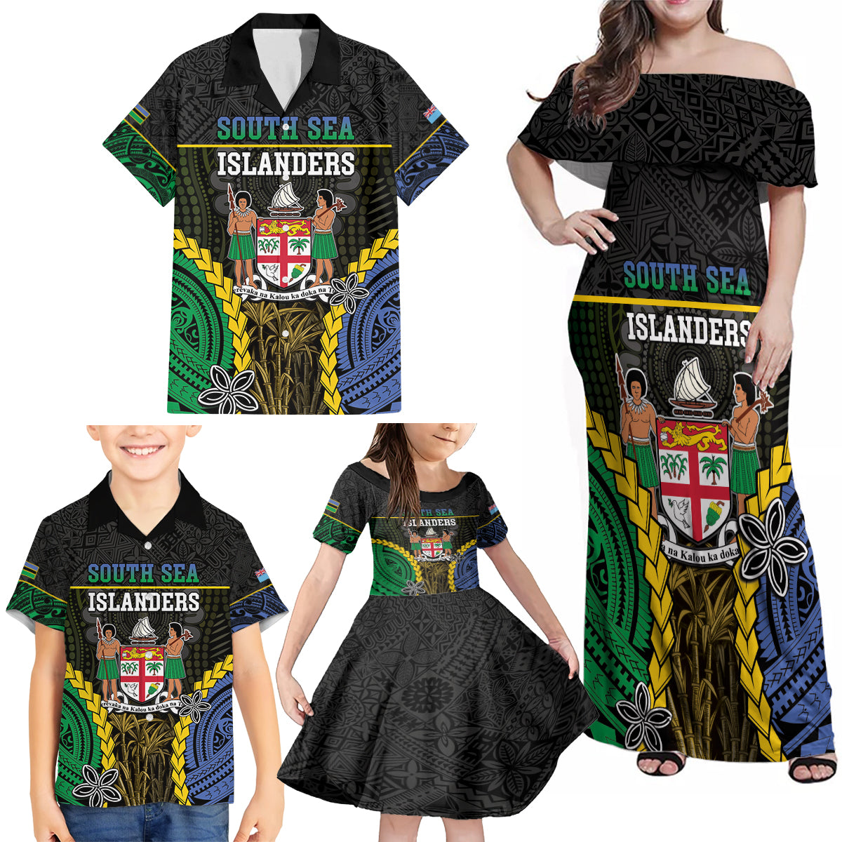 Personalised South Sea Islanders And Fiji Family Matching Off Shoulder Maxi Dress and Hawaiian Shirt Kanakas Fijian Tapa Pattern LT05 - Polynesian Pride