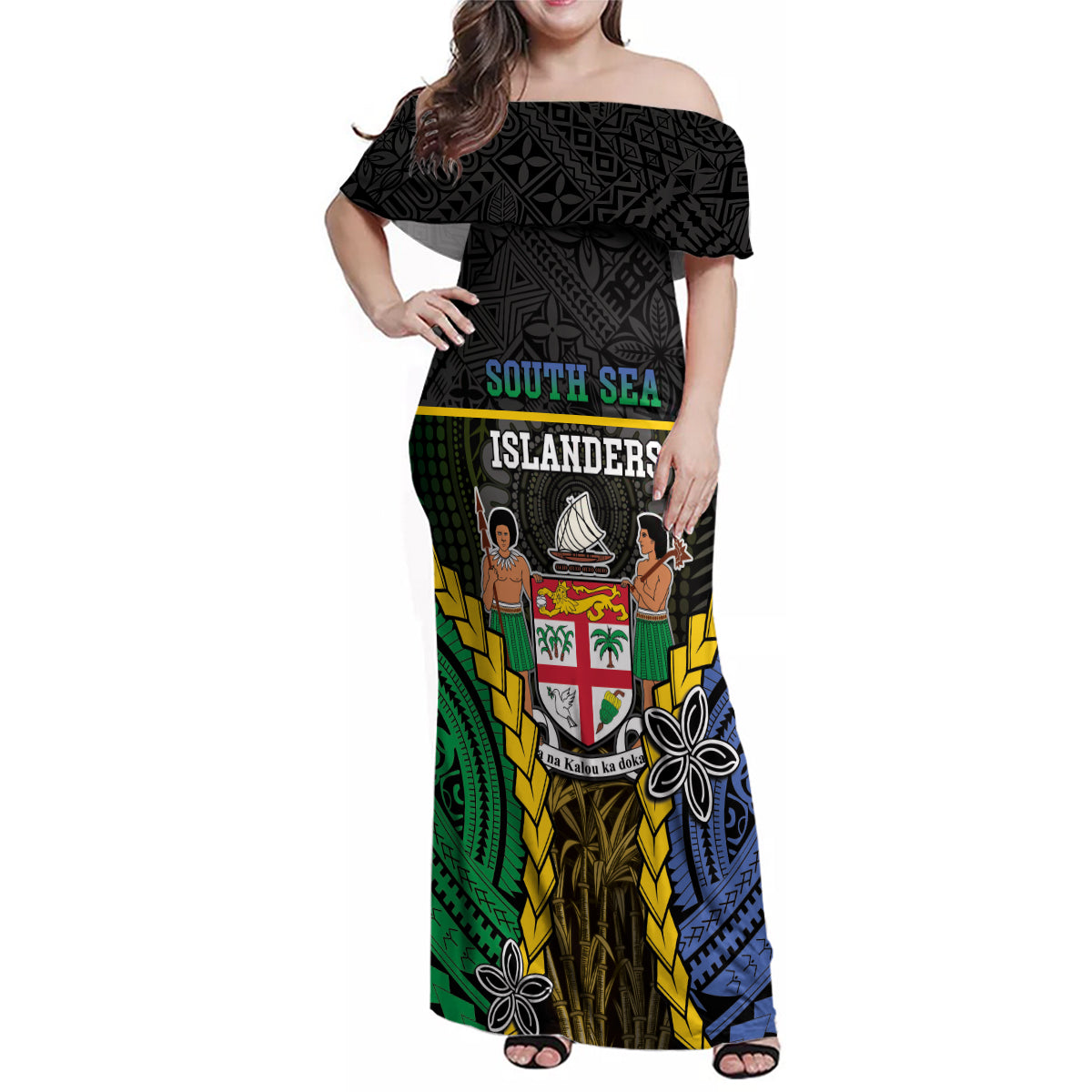 Personalised South Sea Islanders And Fiji Family Matching Off Shoulder Maxi Dress and Hawaiian Shirt Kanakas Fijian Tapa Pattern LT05 Mom's Dress Black - Polynesian Pride