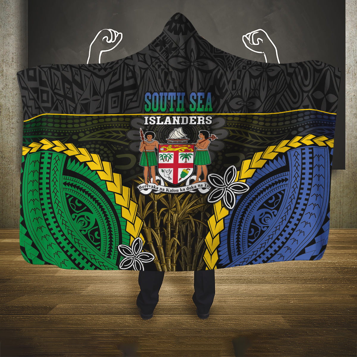 South Sea Islanders And Fiji Hooded Blanket Kanakas Fijian Tapa Pattern LT05 One Size Black - Polynesian Pride