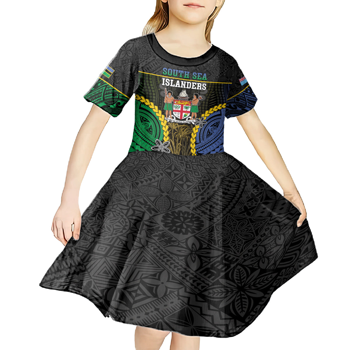 Personalised South Sea Islanders And Fiji Kid Short Sleeve Dress Kanakas Fijian Tapa Pattern LT05 - Polynesian Pride