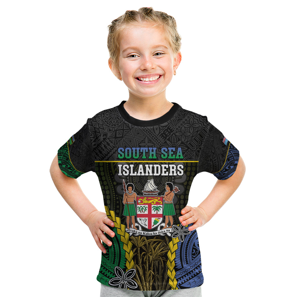 Personalised South Sea Islanders And Fiji Kid T Shirt Kanakas Fijian Tapa Pattern LT05 Black - Polynesian Pride