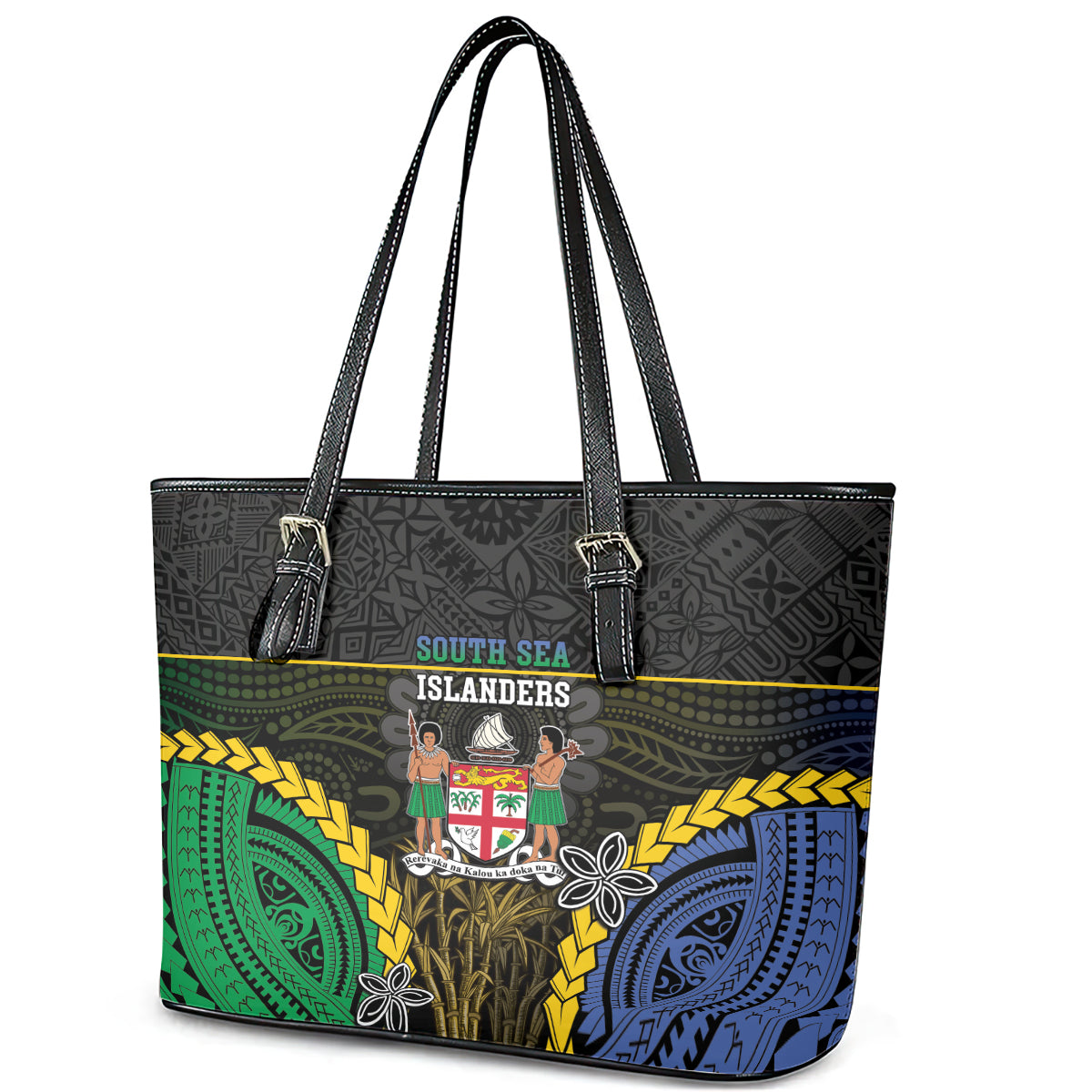 South Sea Islanders And Fiji Leather Tote Bag Kanakas Fijian Tapa Pattern LT05 - Polynesian Pride