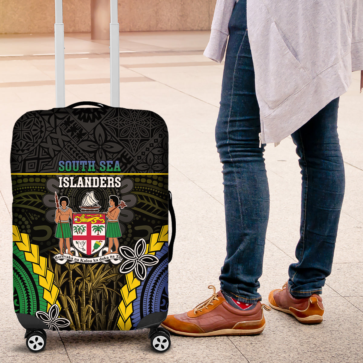 South Sea Islanders And Fiji Luggage Cover Kanakas Fijian Tapa Pattern LT05 Black - Polynesian Pride