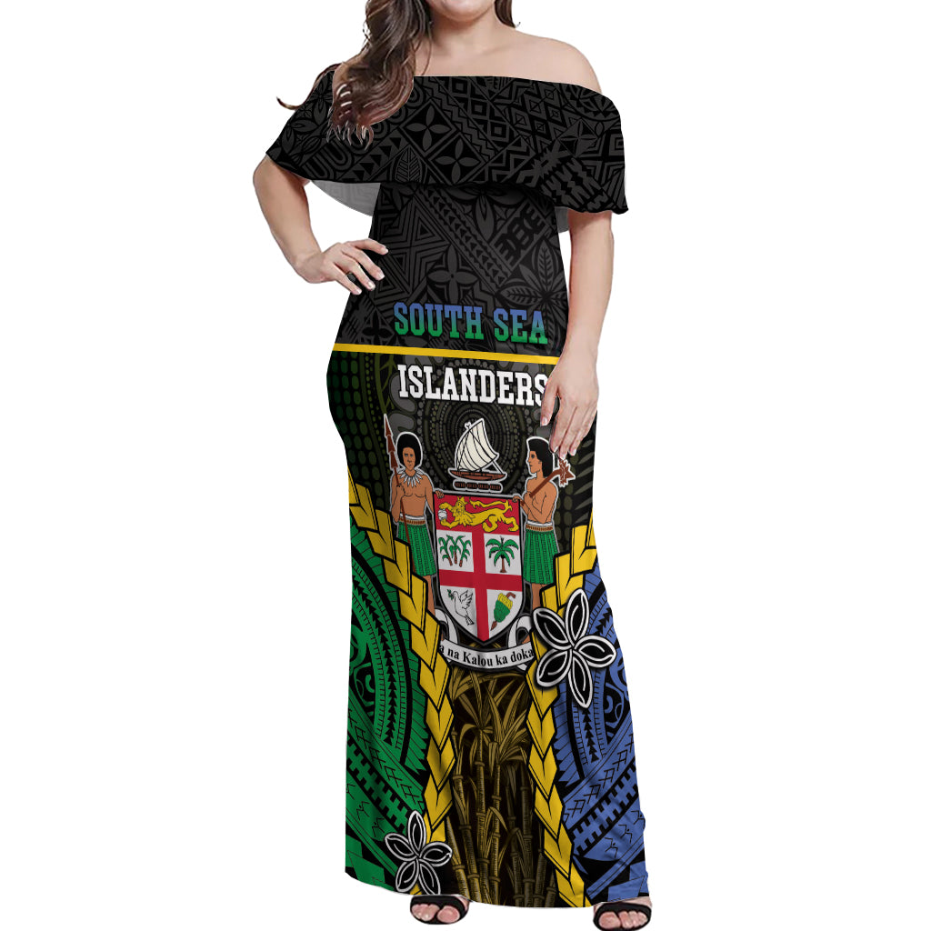 Personalised South Sea Islanders And Fiji Off Shoulder Maxi Dress Kanakas Fijian Tapa Pattern LT05 Women Black - Polynesian Pride