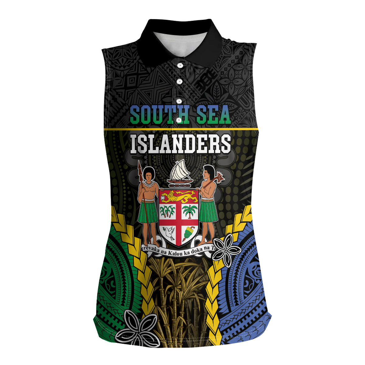 Personalised South Sea Islanders And Fiji Women Sleeveless Polo Shirt Kanakas Fijian Tapa Pattern LT05 Female Black - Polynesian Pride