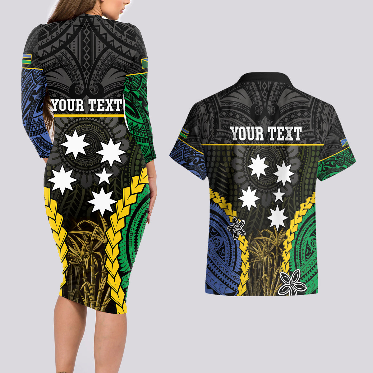 Personalised South Sea Islanders And Solomon Islands Couples Matching Long Sleeve Bodycon Dress and Hawaiian Shirt Kanakas Polynesian Pattern LT05 - Polynesian Pride