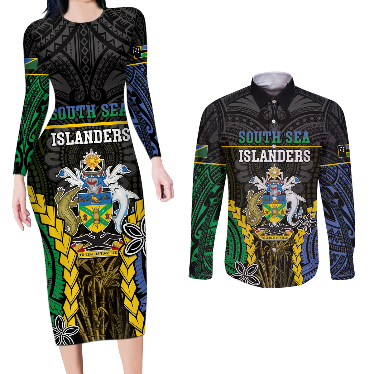Personalised South Sea Islanders And Solomon Islands Couples Matching Long Sleeve Bodycon Dress and Long Sleeve Button Shirt Kanakas Polynesian Pattern LT05 Black - Polynesian Pride