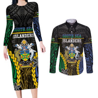 Personalised South Sea Islanders And Solomon Islands Couples Matching Long Sleeve Bodycon Dress and Long Sleeve Button Shirt Kanakas Polynesian Pattern LT05 Black - Polynesian Pride