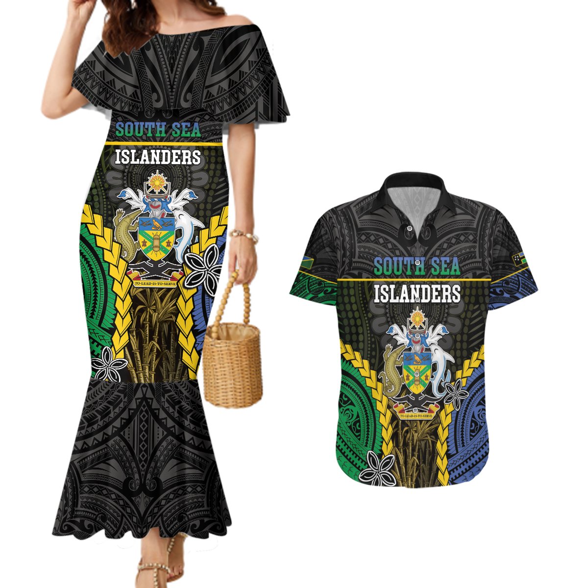 Personalised South Sea Islanders And Solomon Islands Couples Matching Mermaid Dress and Hawaiian Shirt Kanakas Polynesian Pattern LT05 Black - Polynesian Pride