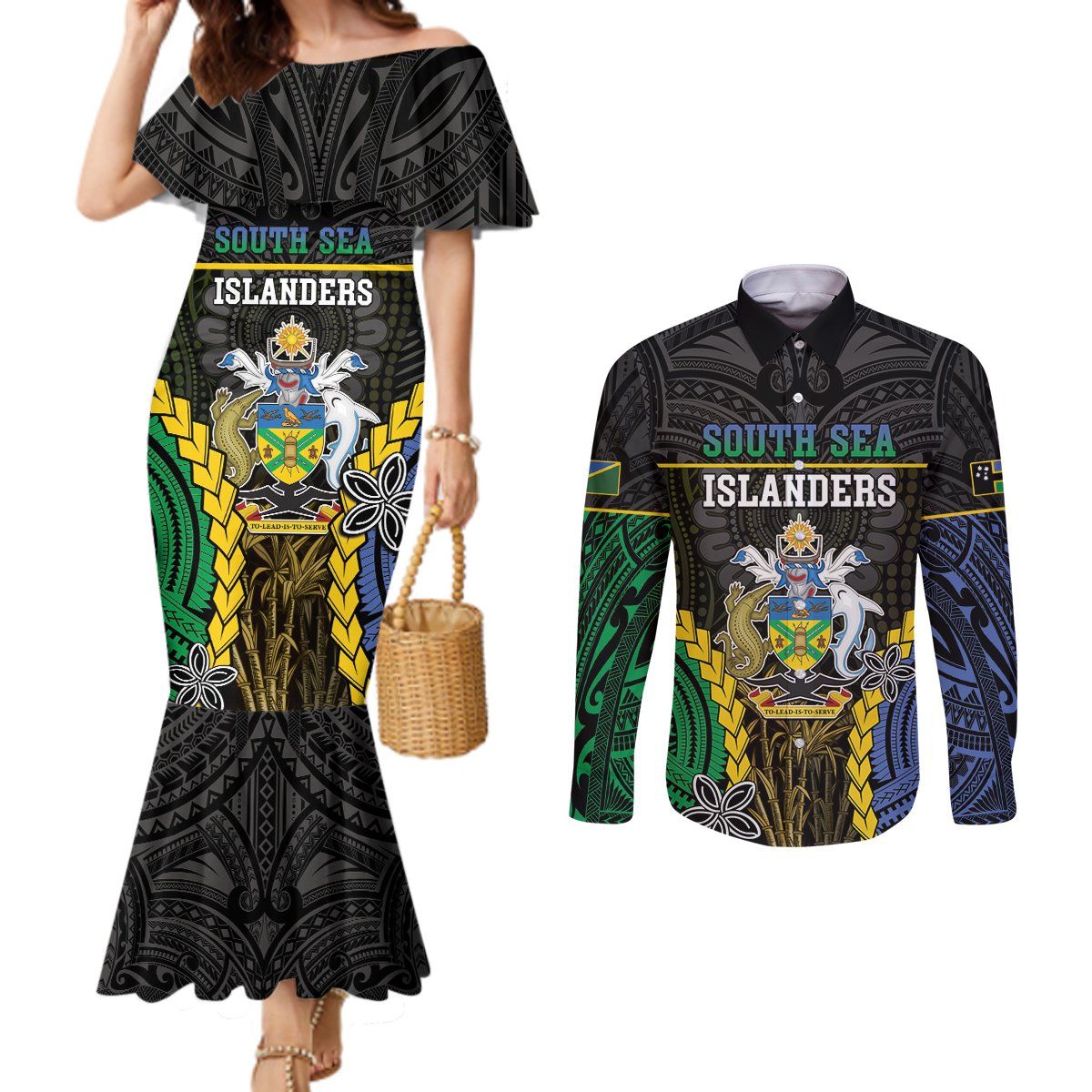Personalised South Sea Islanders And Solomon Islands Couples Matching Mermaid Dress and Long Sleeve Button Shirt Kanakas Polynesian Pattern LT05 Black - Polynesian Pride