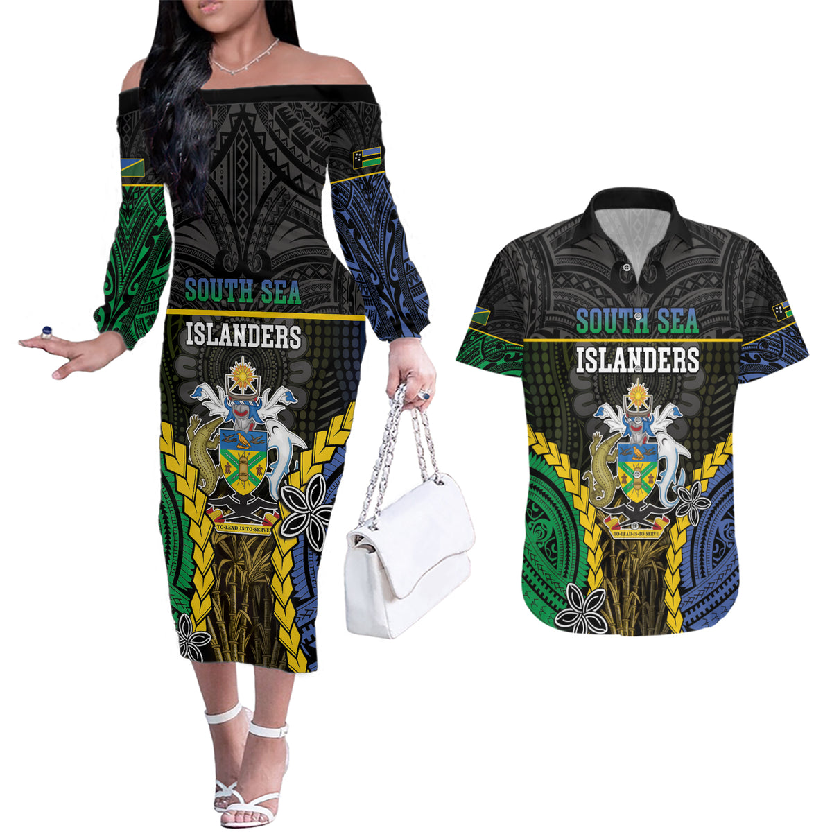 Personalised South Sea Islanders And Solomon Islands Couples Matching Off The Shoulder Long Sleeve Dress and Hawaiian Shirt Kanakas Polynesian Pattern LT05 Black - Polynesian Pride