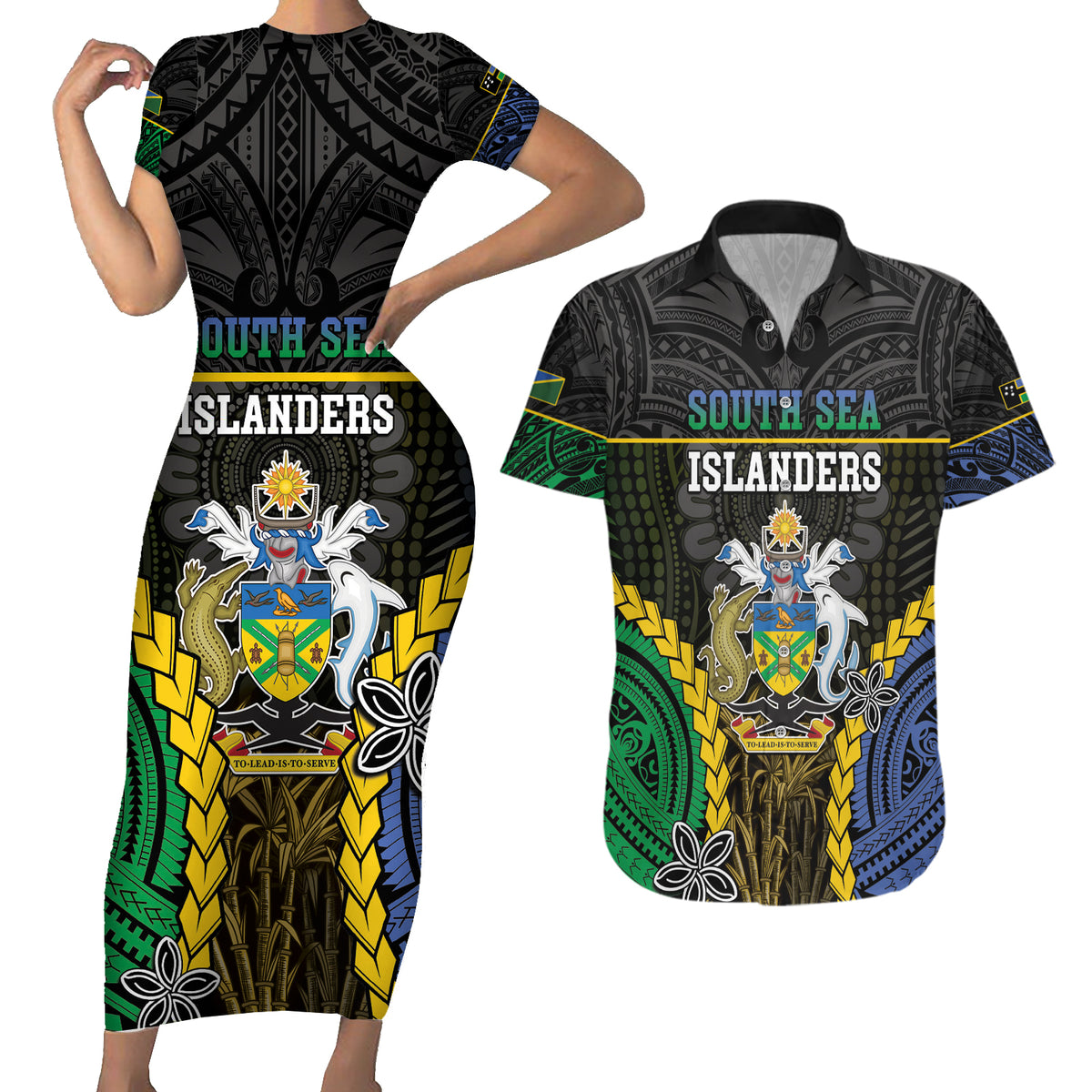 Personalised South Sea Islanders And Solomon Islands Couples Matching Short Sleeve Bodycon Dress and Hawaiian Shirt Kanakas Polynesian Pattern LT05 Black - Polynesian Pride