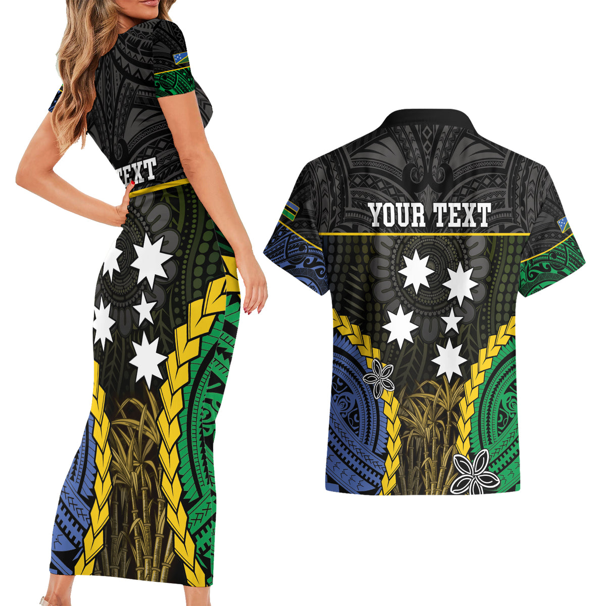 Personalised South Sea Islanders And Solomon Islands Couples Matching Short Sleeve Bodycon Dress and Hawaiian Shirt Kanakas Polynesian Pattern LT05 - Polynesian Pride