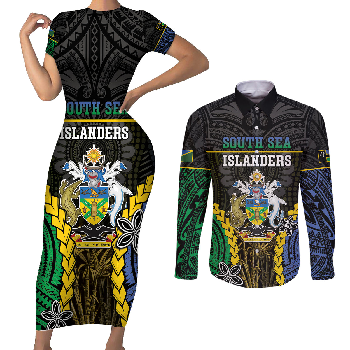 Personalised South Sea Islanders And Solomon Islands Couples Matching Short Sleeve Bodycon Dress and Long Sleeve Button Shirt Kanakas Polynesian Pattern LT05 Black - Polynesian Pride