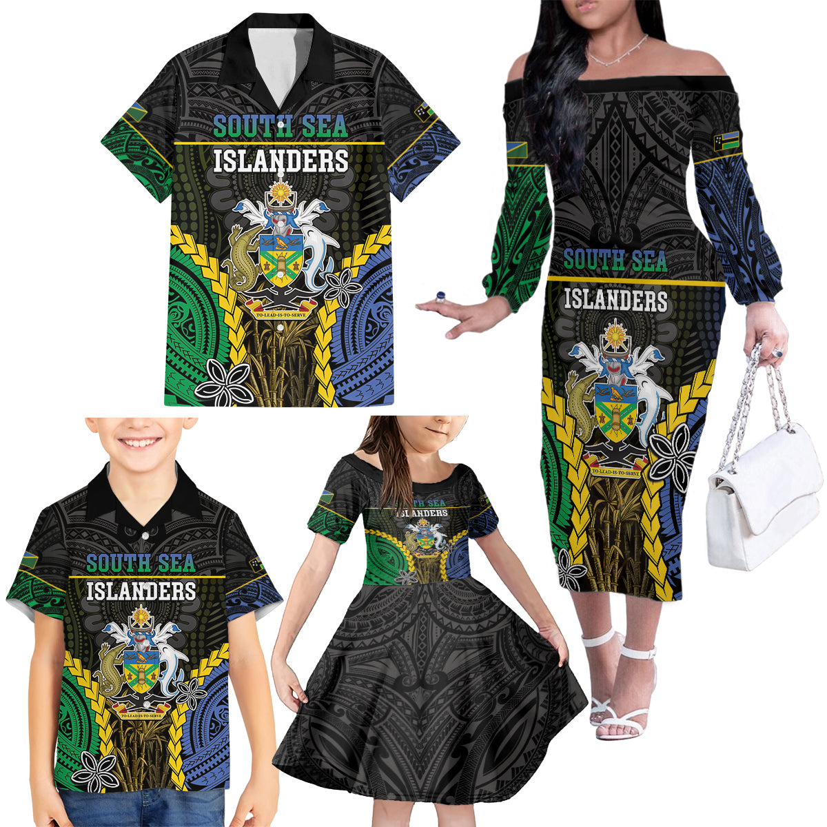 Personalised South Sea Islanders And Solomon Islands Family Matching Off The Shoulder Long Sleeve Dress and Hawaiian Shirt Kanakas Polynesian Pattern LT05 - Polynesian Pride