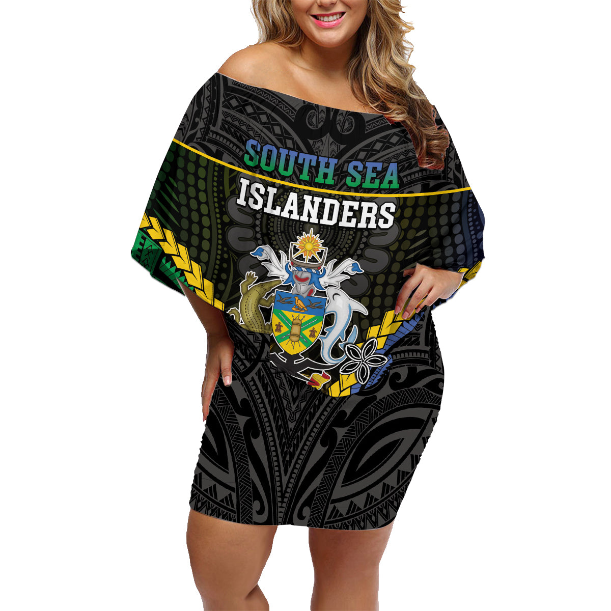 Personalised South Sea Islanders And Solomon Islands Family Matching Off Shoulder Short Dress and Hawaiian Shirt Kanakas Polynesian Pattern LT05 Mom's Dress Black - Polynesian Pride