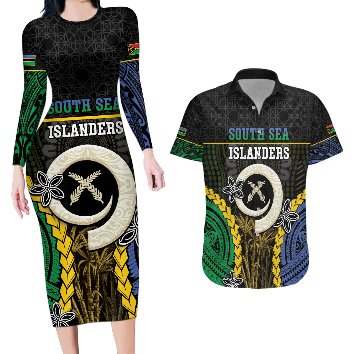 Personalised South Sea Islanders And Vanuatu Couples Matching Long Sleeve Bodycon Dress and Hawaiian Shirt Kanakas Sand Drawing Pattern LT05 Black - Polynesian Pride