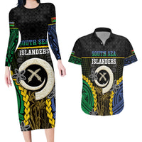 Personalised South Sea Islanders And Vanuatu Couples Matching Long Sleeve Bodycon Dress and Hawaiian Shirt Kanakas Sand Drawing Pattern LT05 Black - Polynesian Pride