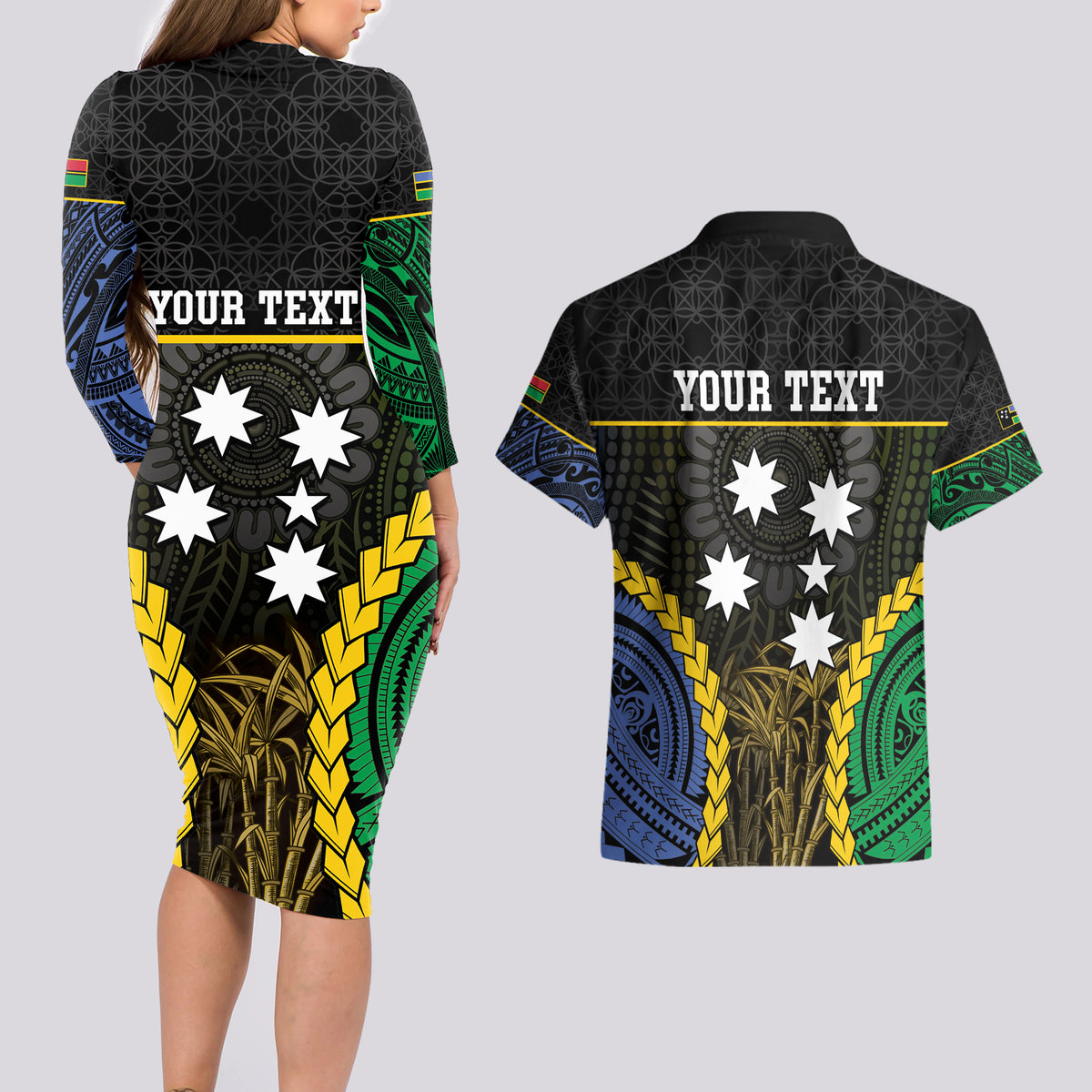 Personalised South Sea Islanders And Vanuatu Couples Matching Long Sleeve Bodycon Dress and Hawaiian Shirt Kanakas Sand Drawing Pattern LT05 - Polynesian Pride