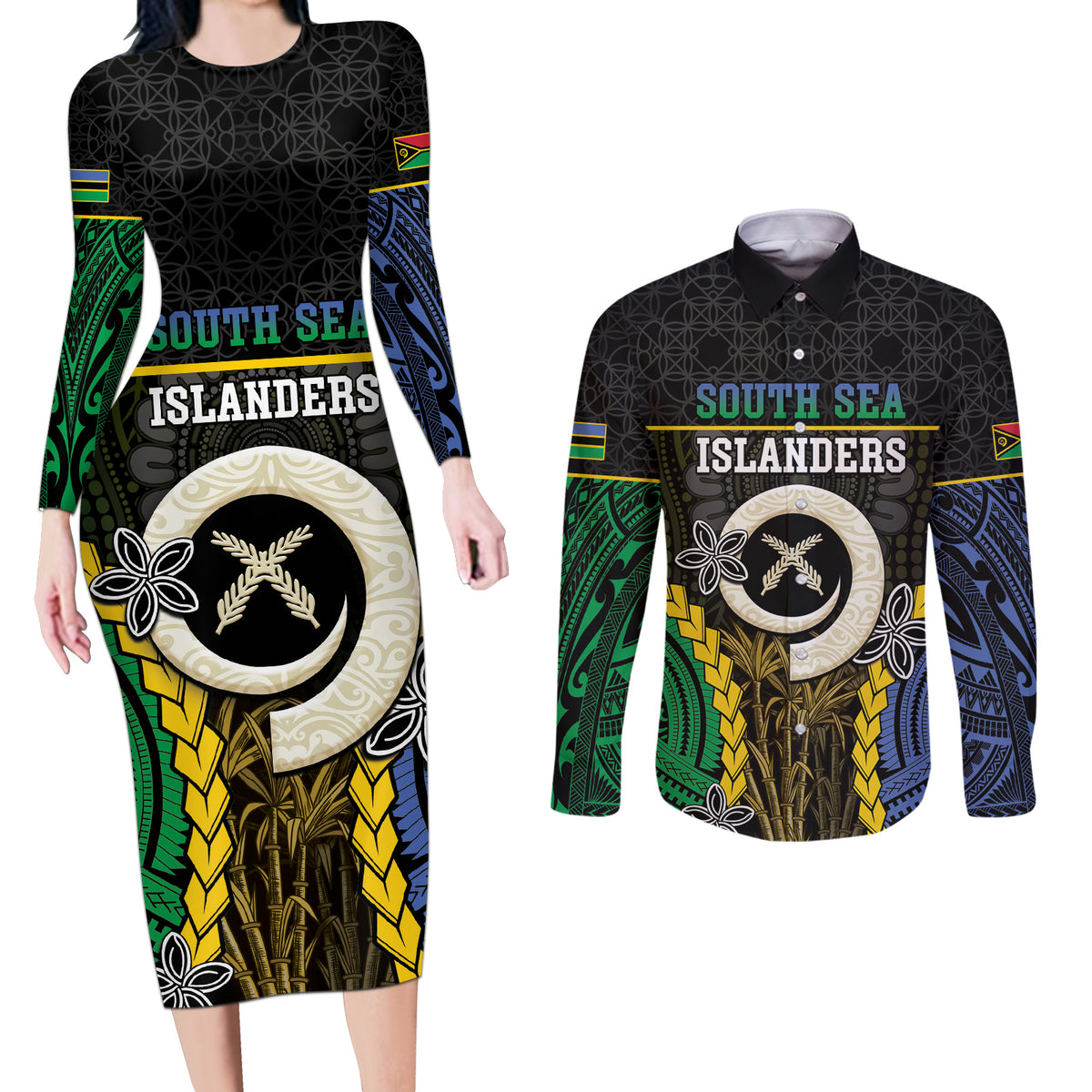 Personalised South Sea Islanders And Vanuatu Couples Matching Long Sleeve Bodycon Dress and Long Sleeve Button Shirt Kanakas Sand Drawing Pattern LT05 Black - Polynesian Pride
