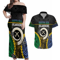 Personalised South Sea Islanders And Vanuatu Couples Matching Off Shoulder Maxi Dress and Hawaiian Shirt Kanakas Sand Drawing Pattern LT05 Black - Polynesian Pride