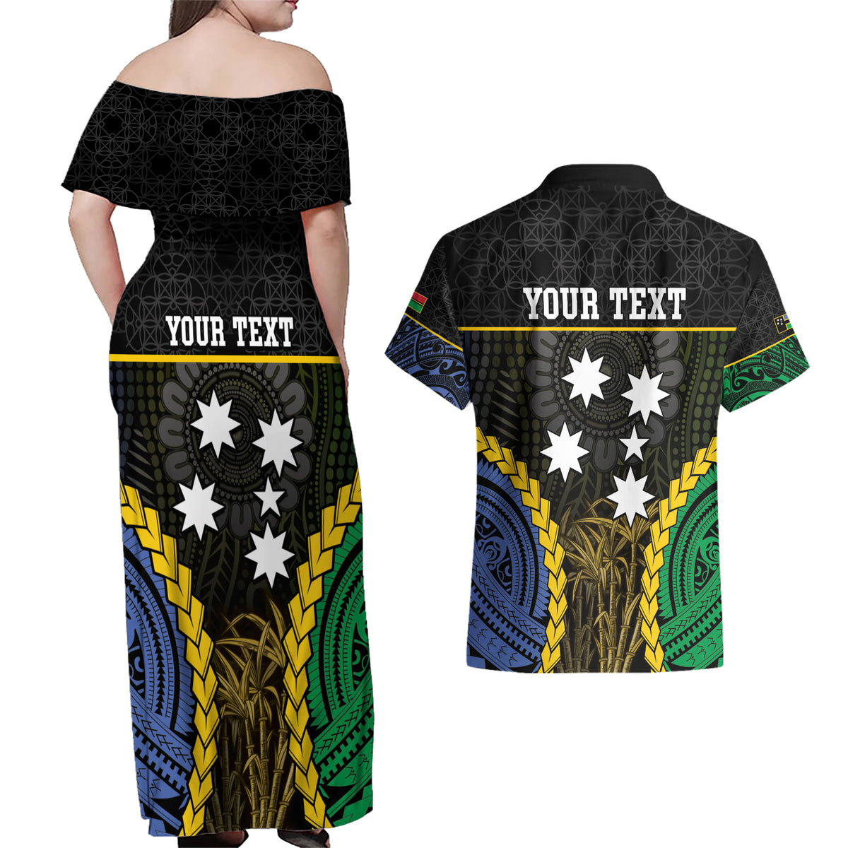Personalised South Sea Islanders And Vanuatu Couples Matching Off Shoulder Maxi Dress and Hawaiian Shirt Kanakas Sand Drawing Pattern LT05 - Polynesian Pride