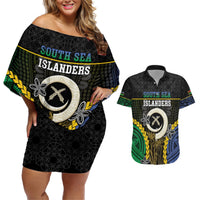 Personalised South Sea Islanders And Vanuatu Couples Matching Off Shoulder Short Dress and Hawaiian Shirt Kanakas Sand Drawing Pattern LT05 Black - Polynesian Pride