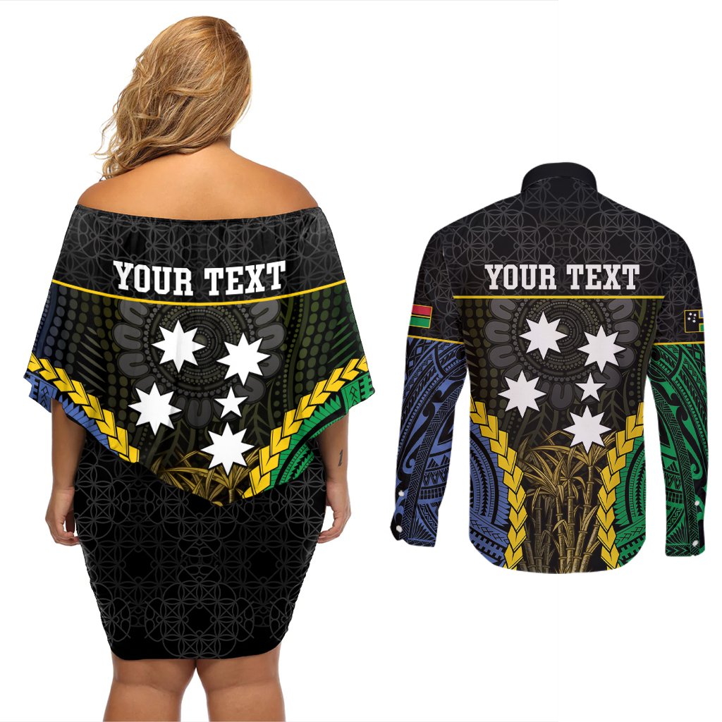 Personalised South Sea Islanders And Vanuatu Couples Matching Off Shoulder Short Dress and Long Sleeve Button Shirt Kanakas Sand Drawing Pattern