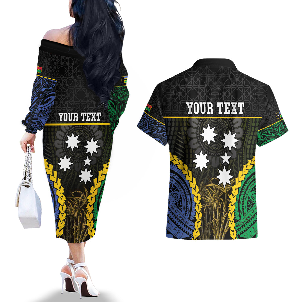 Personalised South Sea Islanders And Vanuatu Couples Matching Off The Shoulder Long Sleeve Dress and Hawaiian Shirt Kanakas Sand Drawing Pattern LT05 - Polynesian Pride