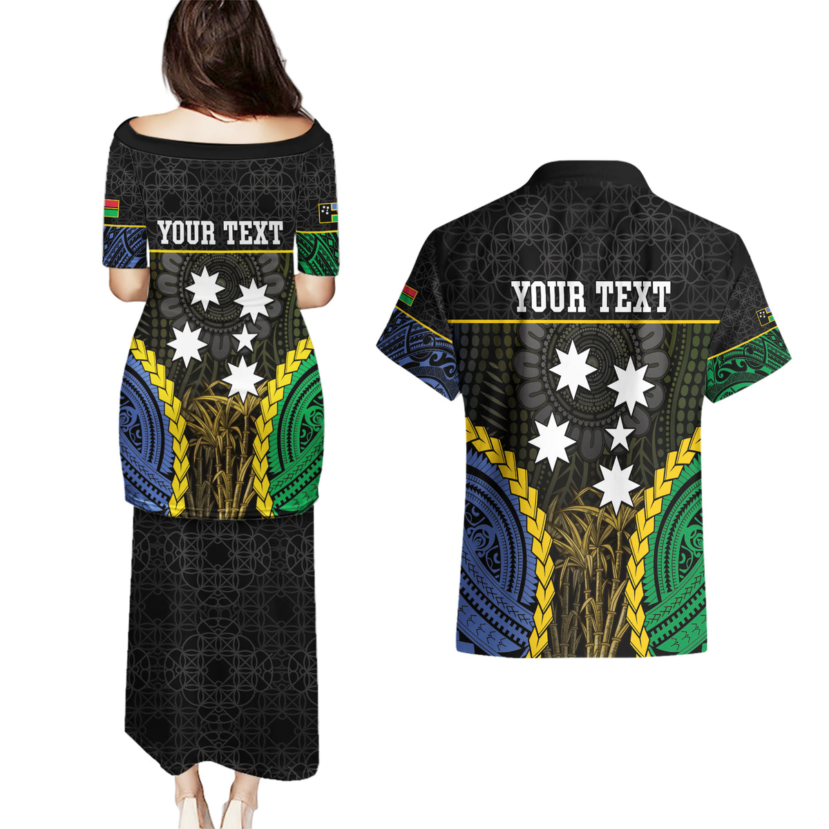 Personalised South Sea Islanders And Vanuatu Couples Matching Puletasi and Hawaiian Shirt Kanakas Sand Drawing Pattern