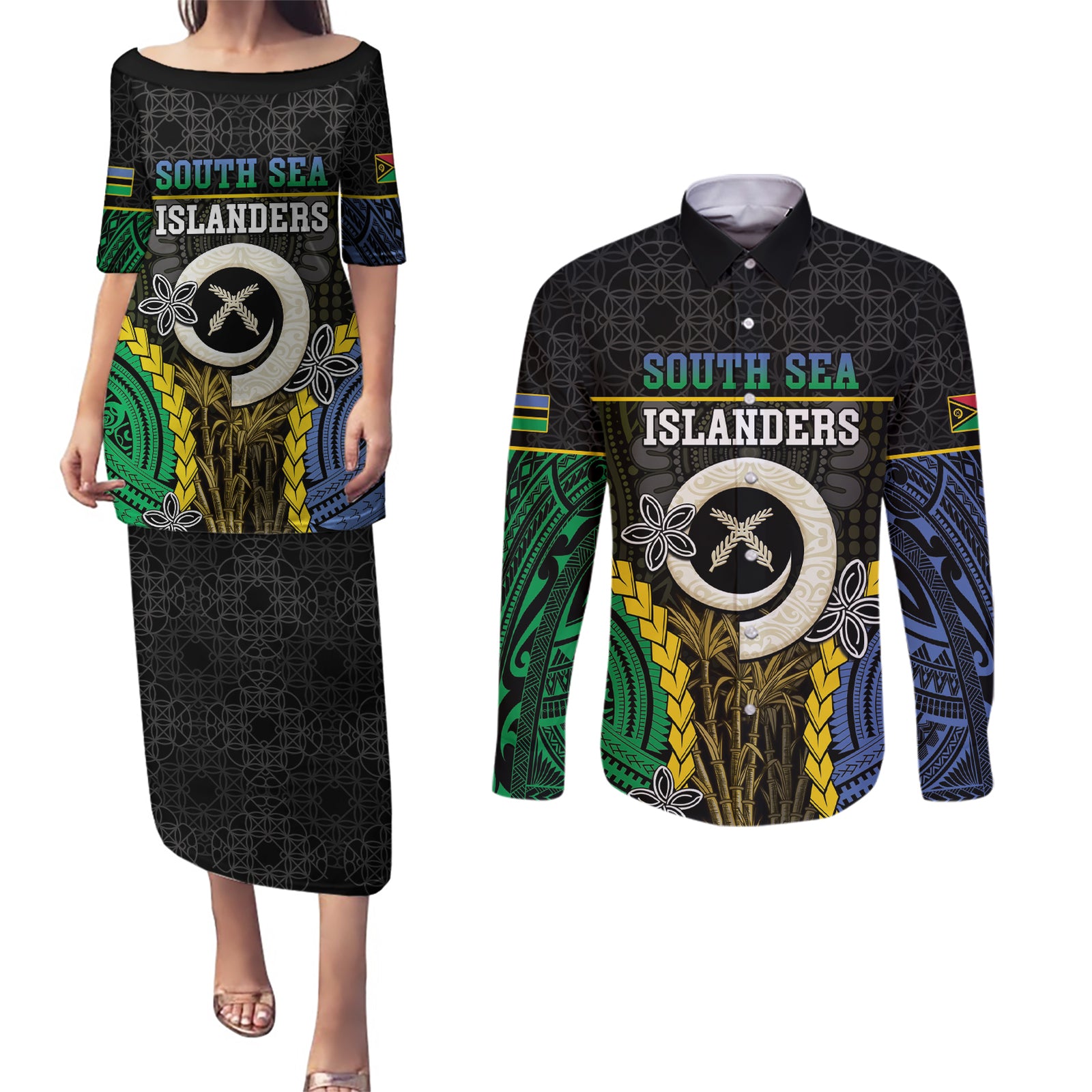 Personalised South Sea Islanders And Vanuatu Couples Matching Puletasi and Long Sleeve Button Shirt Kanakas Sand Drawing Pattern