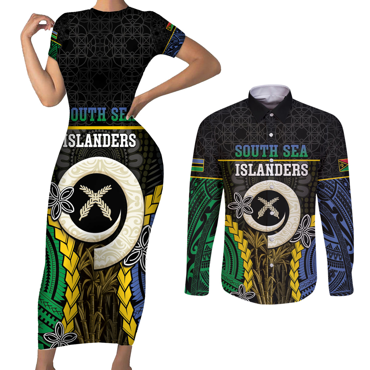 Personalised South Sea Islanders And Vanuatu Couples Matching Short Sleeve Bodycon Dress and Long Sleeve Button Shirt Kanakas Sand Drawing Pattern LT05 Black - Polynesian Pride