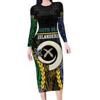 Personalised South Sea Islanders And Vanuatu Family Matching Long Sleeve Bodycon Dress and Hawaiian Shirt Kanakas Sand Drawing Pattern LT05 Mom's Dress Black - Polynesian Pride
