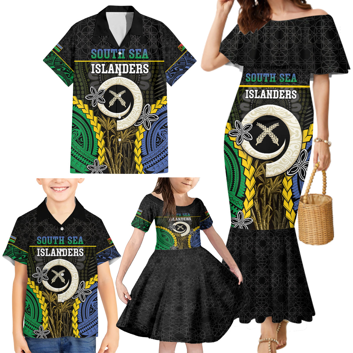 Personalised South Sea Islanders And Vanuatu Family Matching Mermaid Dress and Hawaiian Shirt Kanakas Sand Drawing Pattern LT05 - Polynesian Pride
